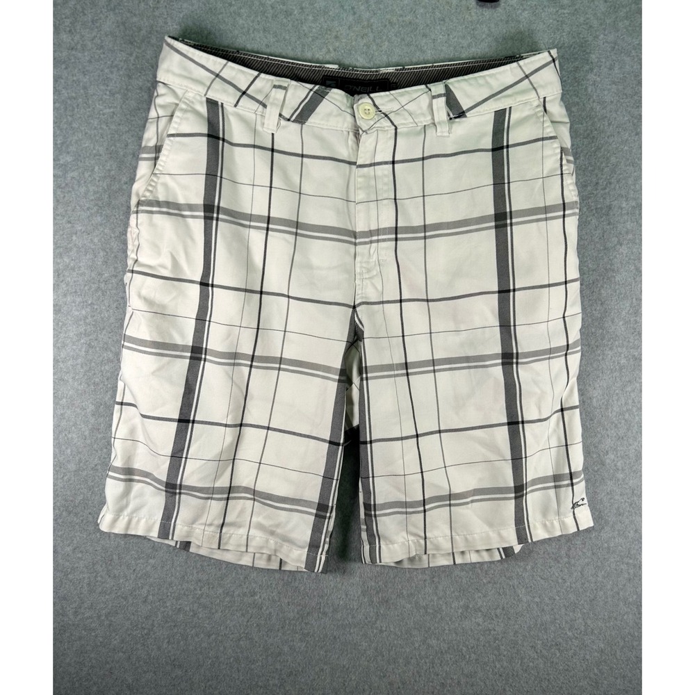 Stain*ONeill Mens Plaid Shorts White Black Size 34 Flat Front Casual Surf Summer